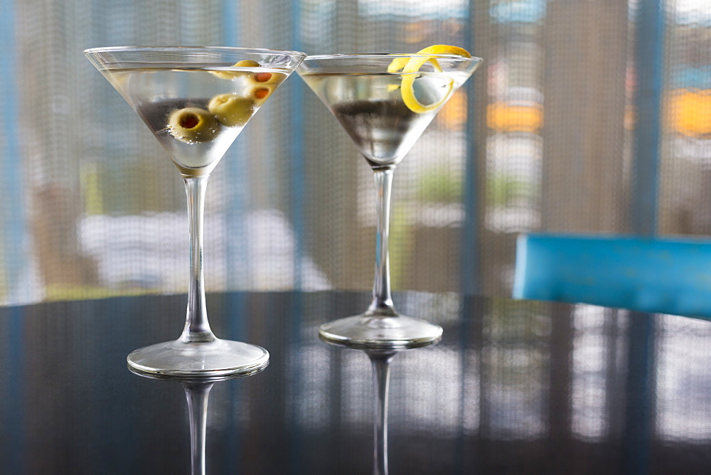 Close up of garnished martinis, Seattle, Washington, USA