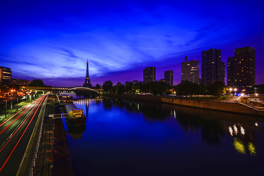 Eiffel Tower and Seine River at night, Paris, France, Paris, France