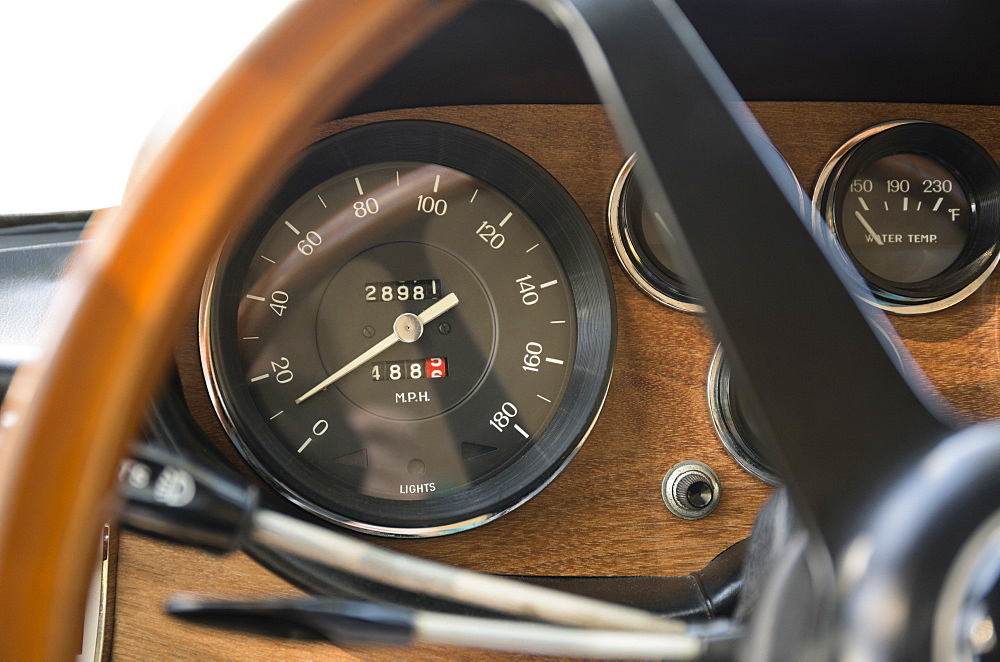 Close up of speedometer in retro Ferrari dashboard, Virginia Beach, Virginia, USA