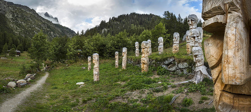 Carved totem poles on Mt. Blanc trail, Argentiere, France, Argentiere, France