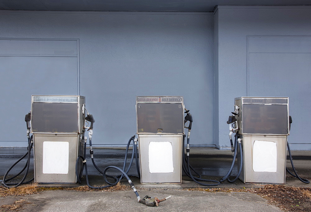 Pumps at abandoned gas station, Long Beach, Washington, USA