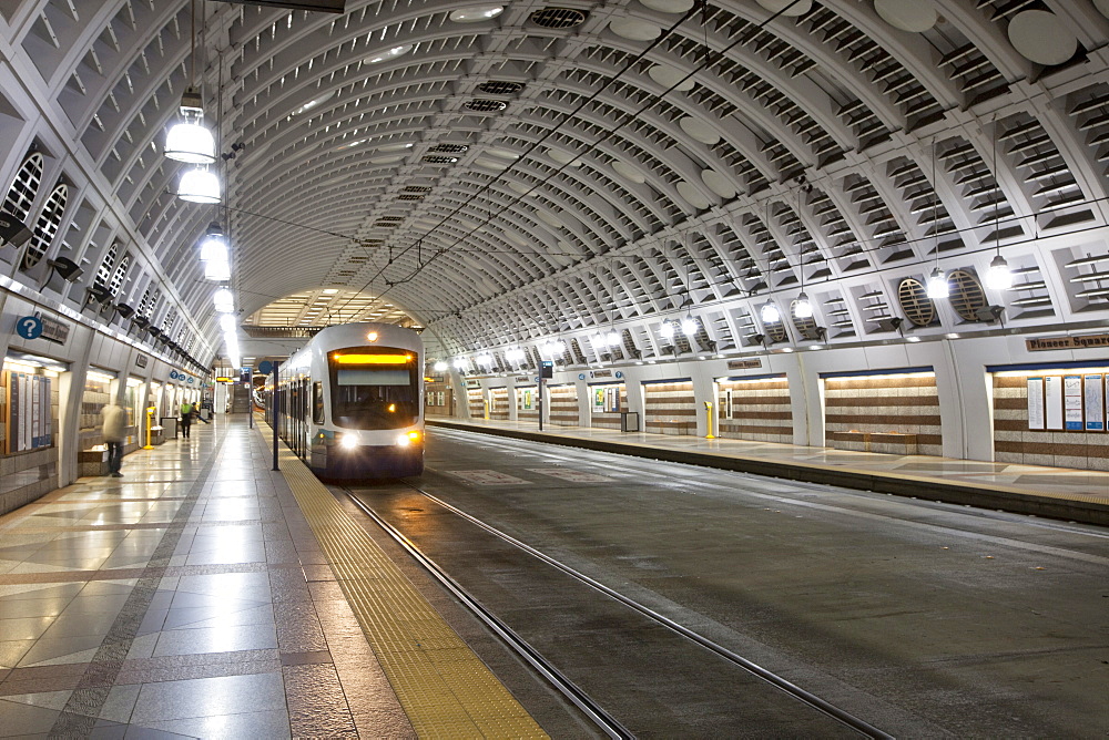 Train pulling into station, Seattle, Washington, United States