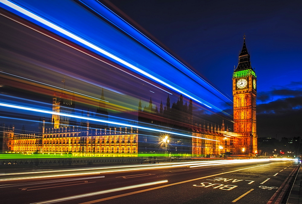 Long exposure view of traffic by Big Ben, London, United Kingdom