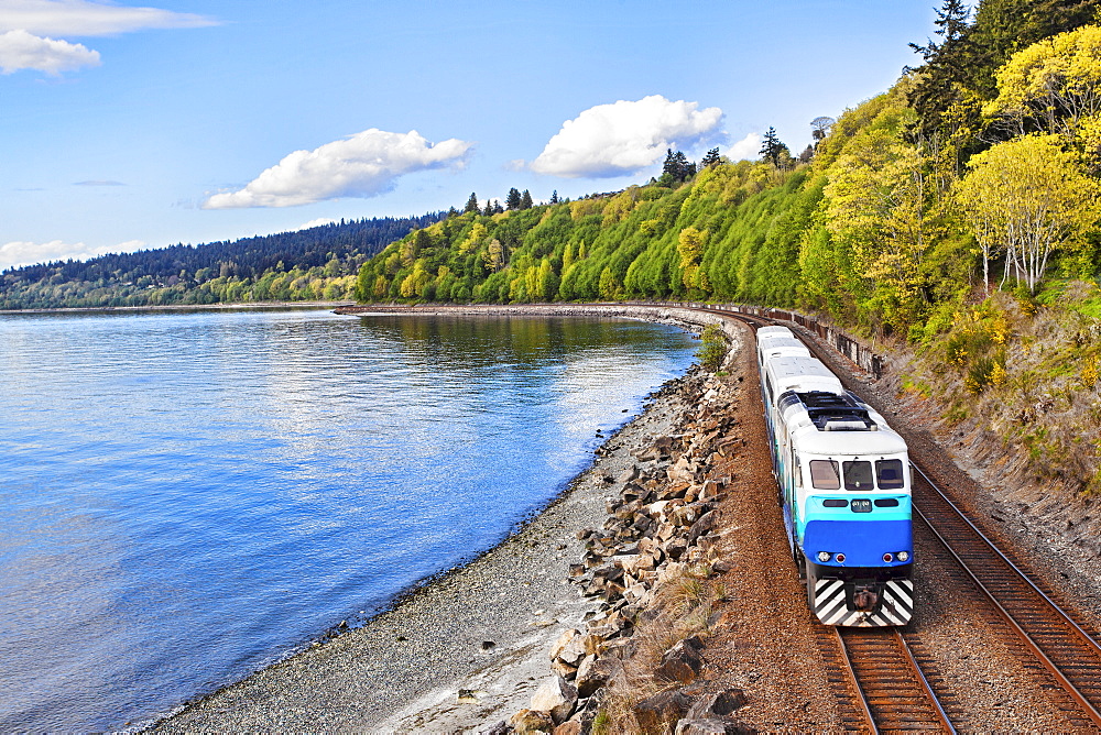 Commuter train on tracks at waterfront