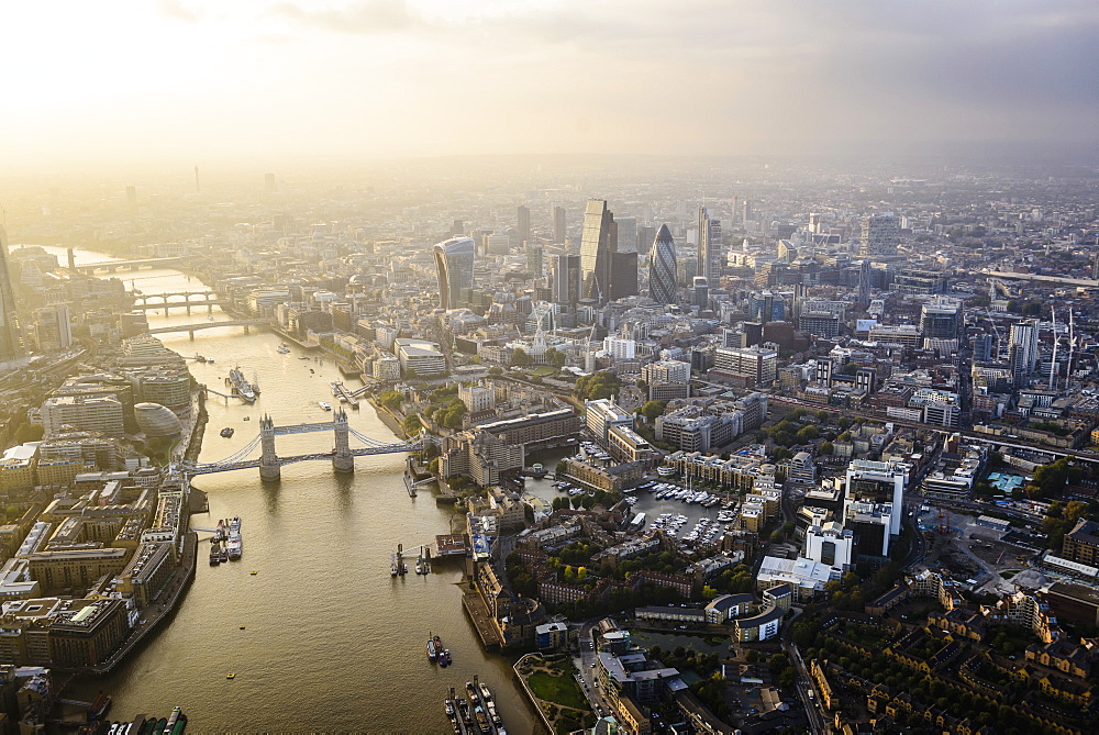 Aerial view of London cityscape and river, England