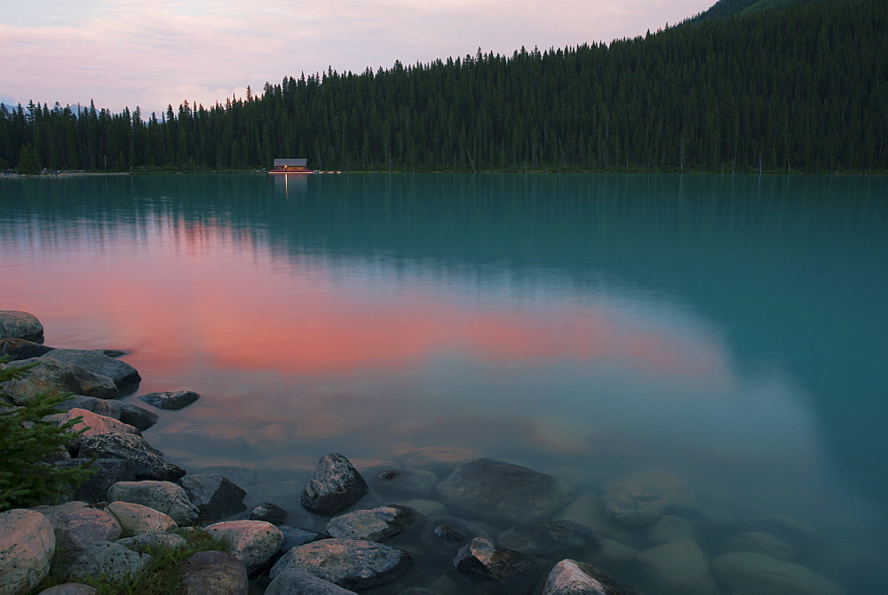 Forest treetops reflecting in still remote lake