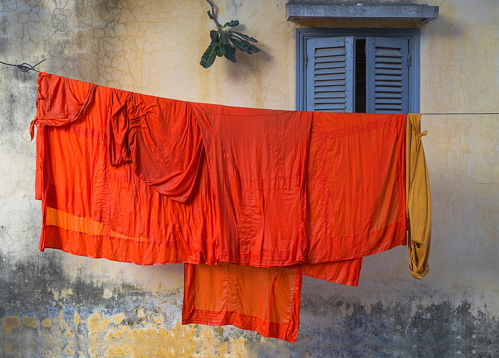 Buddhist monk robes hanging on clothesline