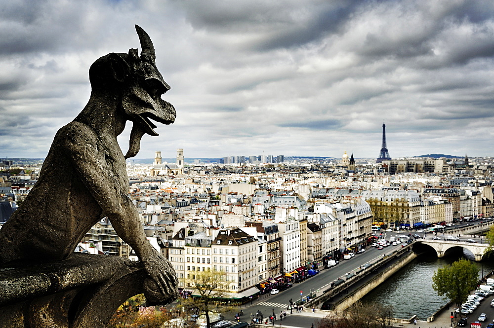 Gargoyle sculpture over Paris cityscape, Ile-de-France, France