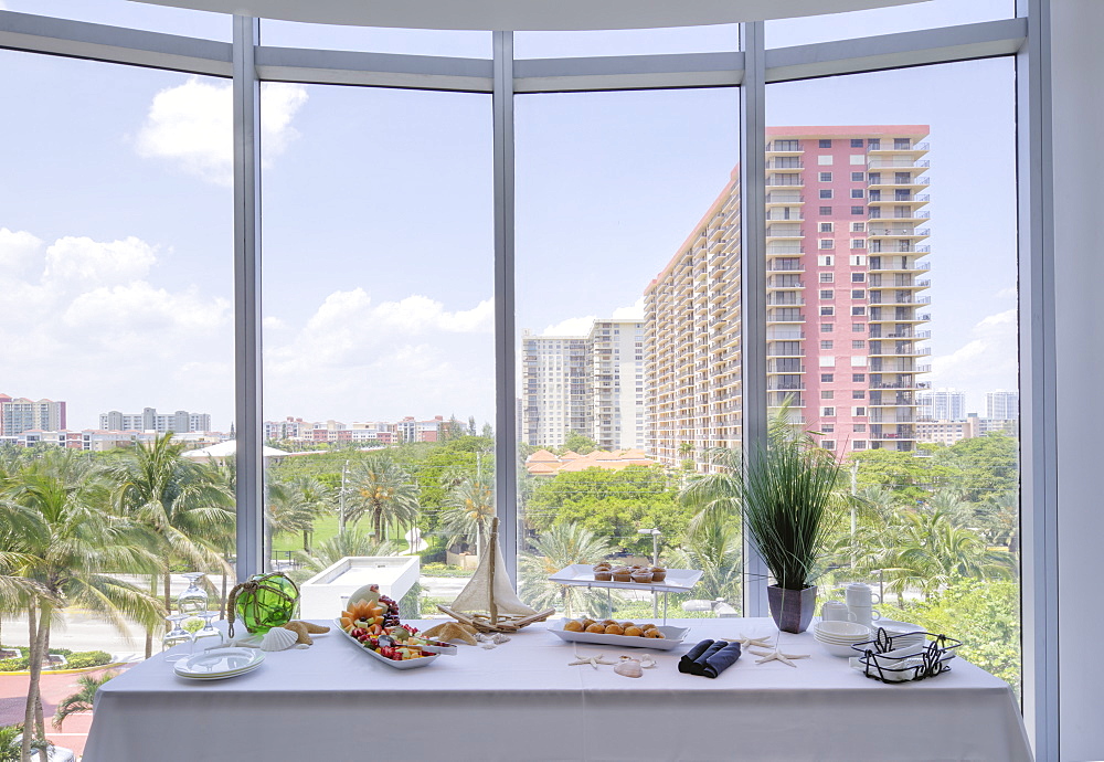 Food table in banquet room, Miami, Florida, USA