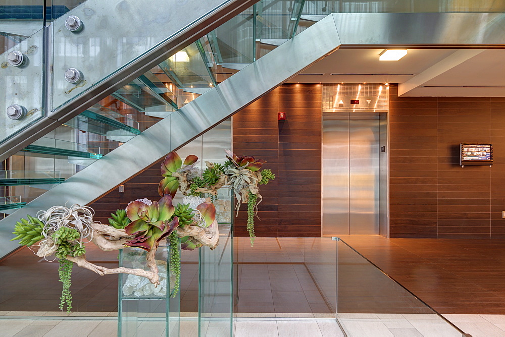 Glass staircase and elevators in hotel lobby, Miami, Florida, USA