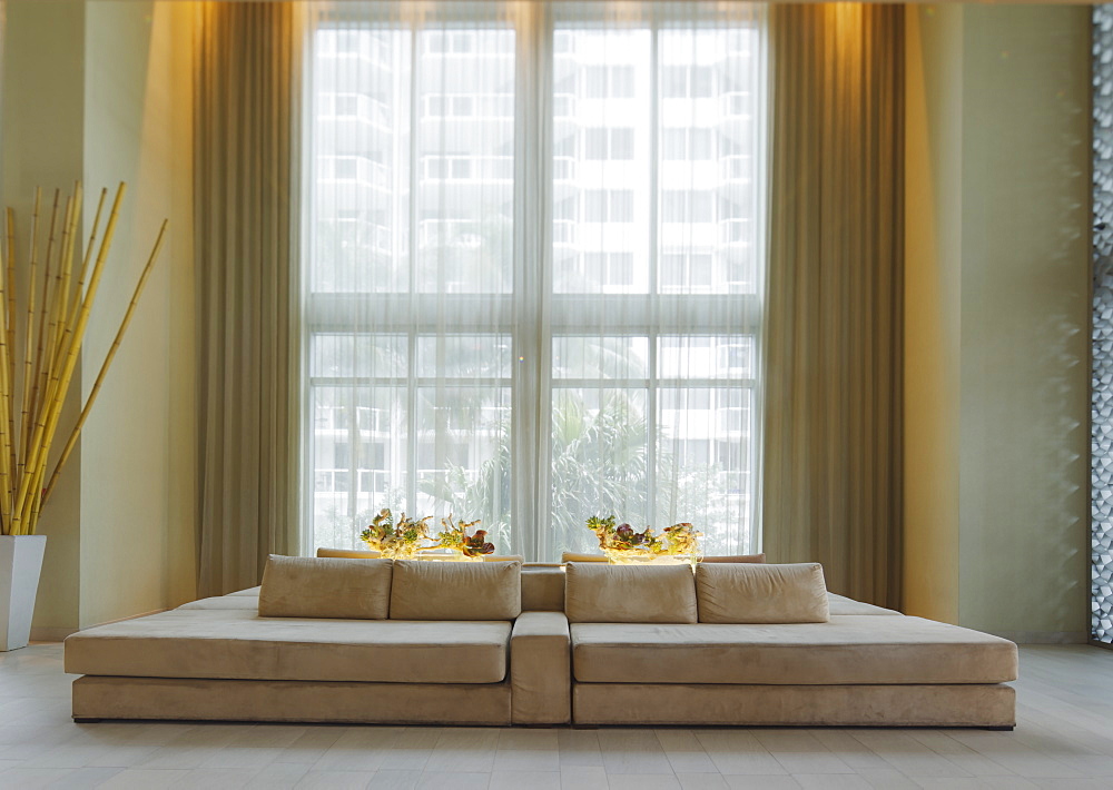 Lounge sofa in hotel lobby, Miami, Florida, USA