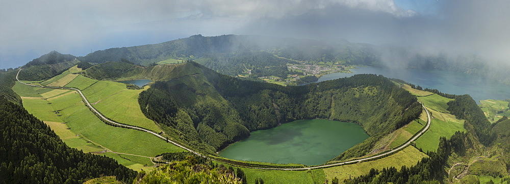 Aerial view of Twin Crater Lakes in rural landscape, Sao Miguel, Portugal, Twin Crater Lakes, Sao Miguel, Portugal