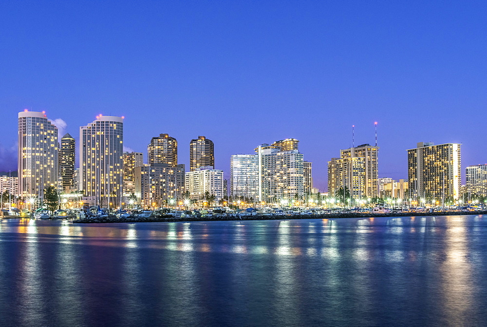 Honolulu city skyline reflection in ocean, Hawaii, United States, Honolulu, Hawaii, USA