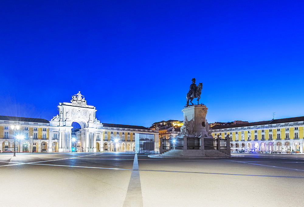 Illuminated fountain and ornate buildings in Commerce Square, Lisbon, Portugal, Lisbon, Portugal