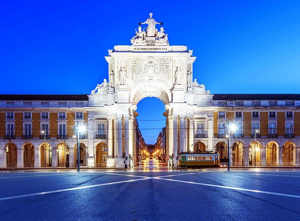 Illuminated ornate archway in Commerce Square, Lisbon, Portugal, Lisbon, Portugal