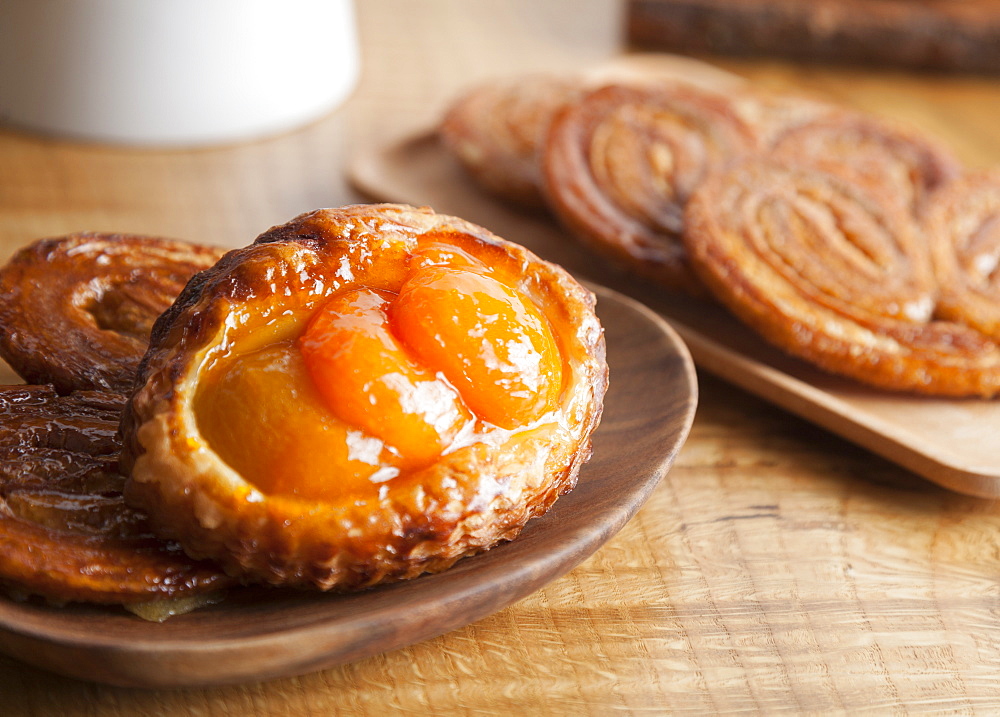 Close up of apricot puff pastry tart, Seattle, Washington, USA