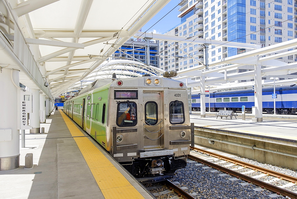 Train waiting at train station, Denver, Colorado, USA