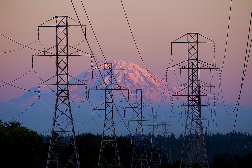 Electricity pylons near mountain landscape, Seattle, Washington, USA