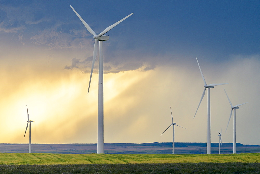 Wind turbines at sunset, Shelby, Montana, USA