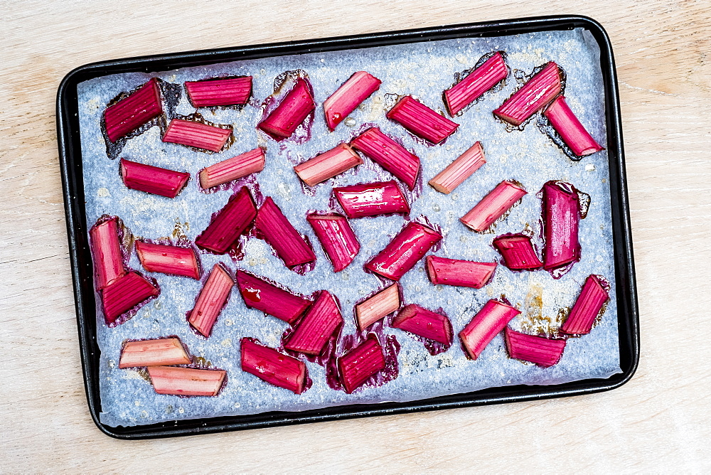 High angle close up of slices of rhubarb on a baking tray, Oxfordshire, England