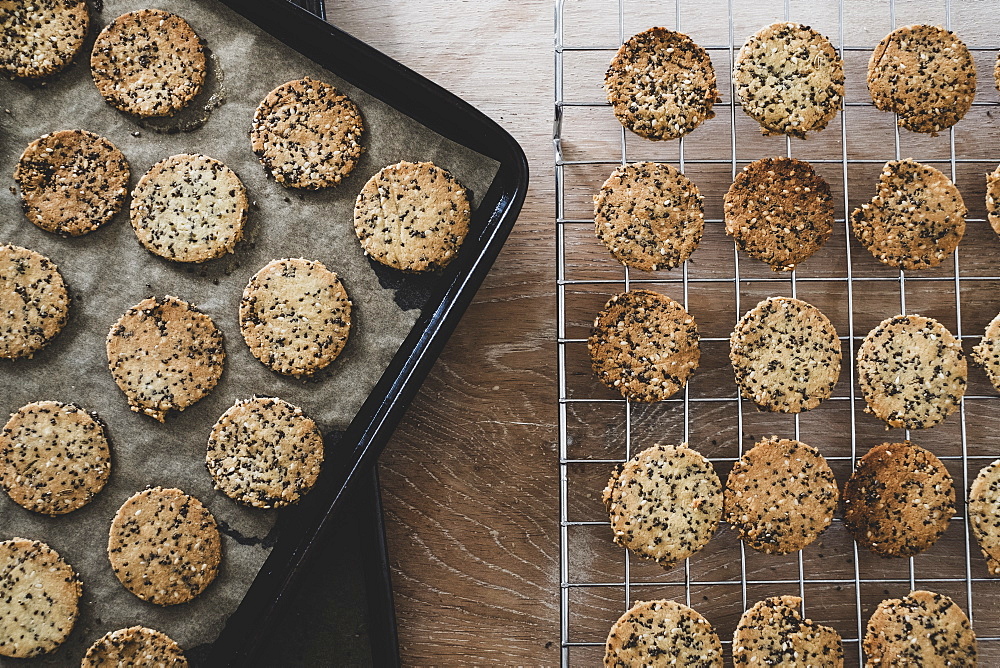 High angle close up of freshly baked seeded crackers on a baking tray, England