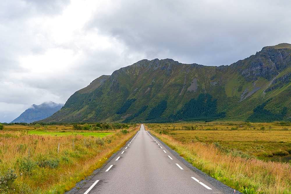 A straight road through the landscape in the Lofoten Islands, Austvagoy, Norway
