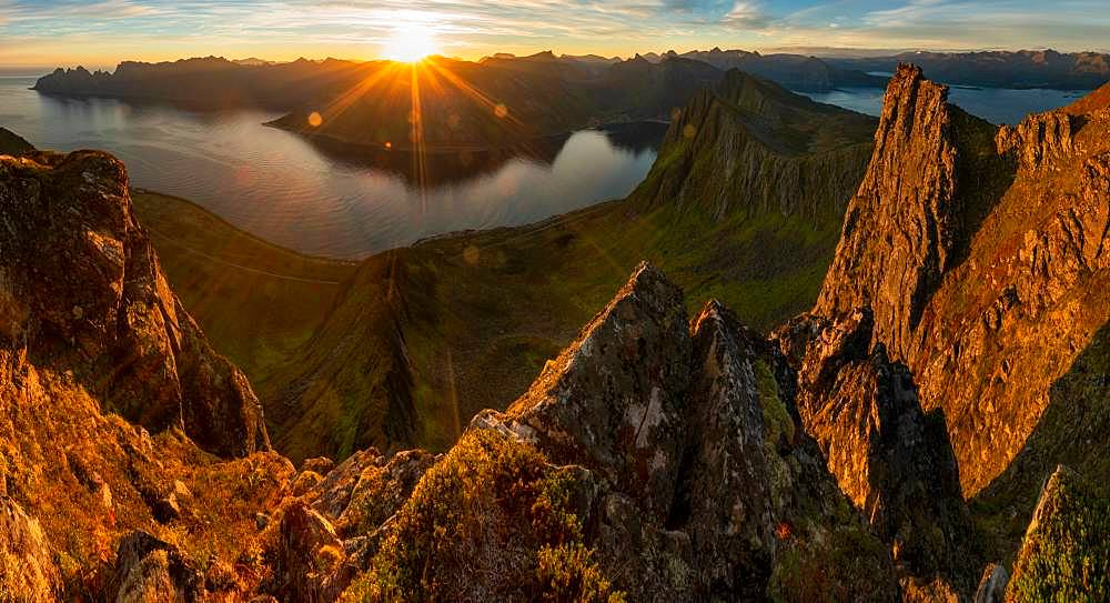 Sunrise over mountains & fjord, Senja Island, Tromso, Senja Island, Lofoten Islands, Norway