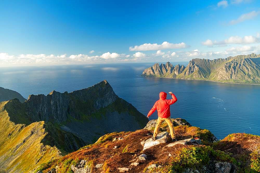 Man with arms spread in celebration on top of mountain, Senja Island, Troms, Senja Island, Lofoten Islands, Norway