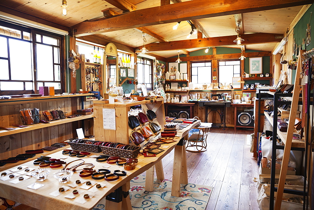 Interior view of a leather shop selling belts, bracelets and handbags, Kyushu, Japan