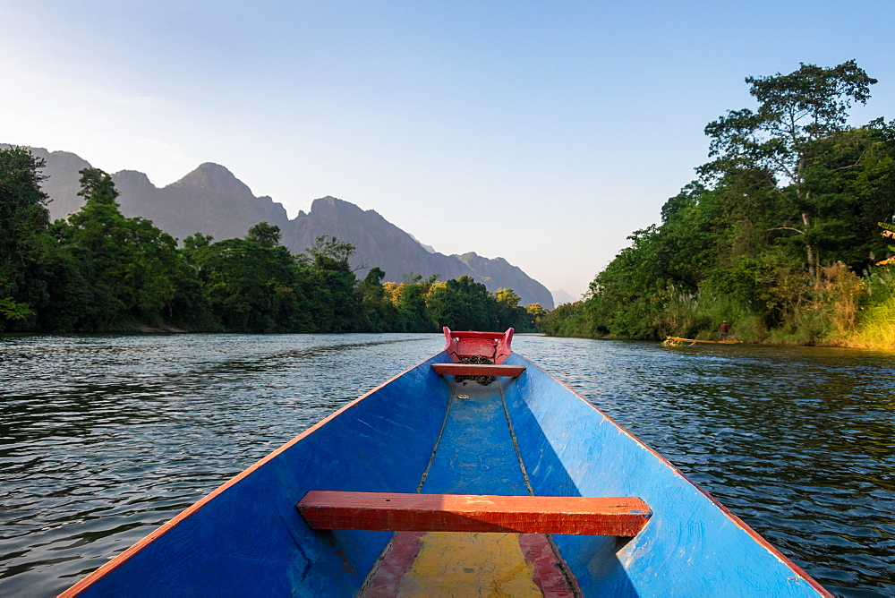 Nam Song River, a boat on the water at Vang Vieng, Laos, Laos