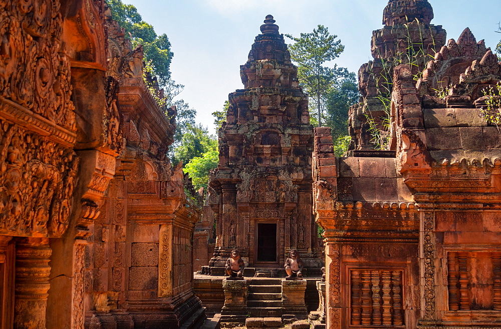 Banteay Srei or Banteay Srey is a 10th-century Cambodian temple dedicated to the Hindu god Shiva, Angkor, Cambodia