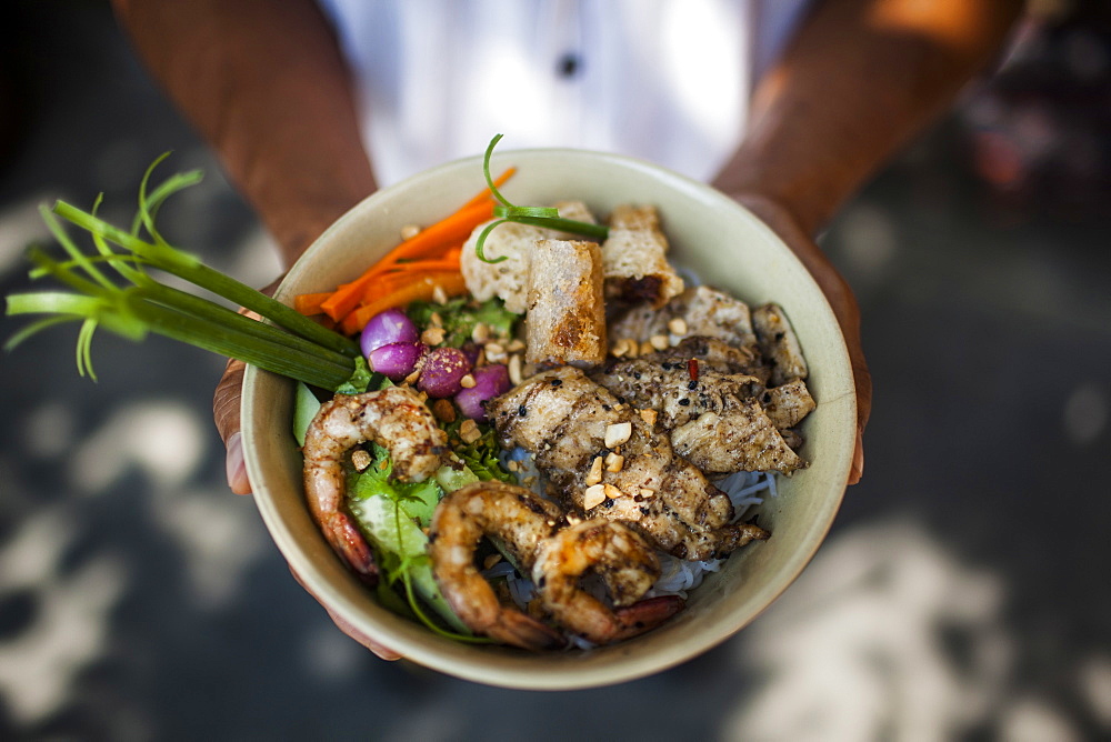 High angle close up of person holding bowl with rice noodles with grilled pork, shrimp, and fish spring rolls, Vietnam