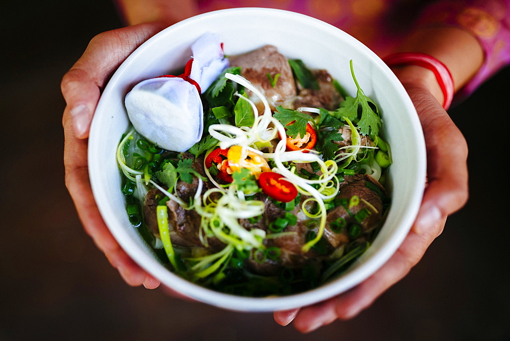 High angle close up of person holding bowl of beef pho, Vietnam