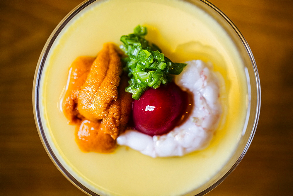 High angle close up of Uni chawanmushi, a chilled egg custard, Japan