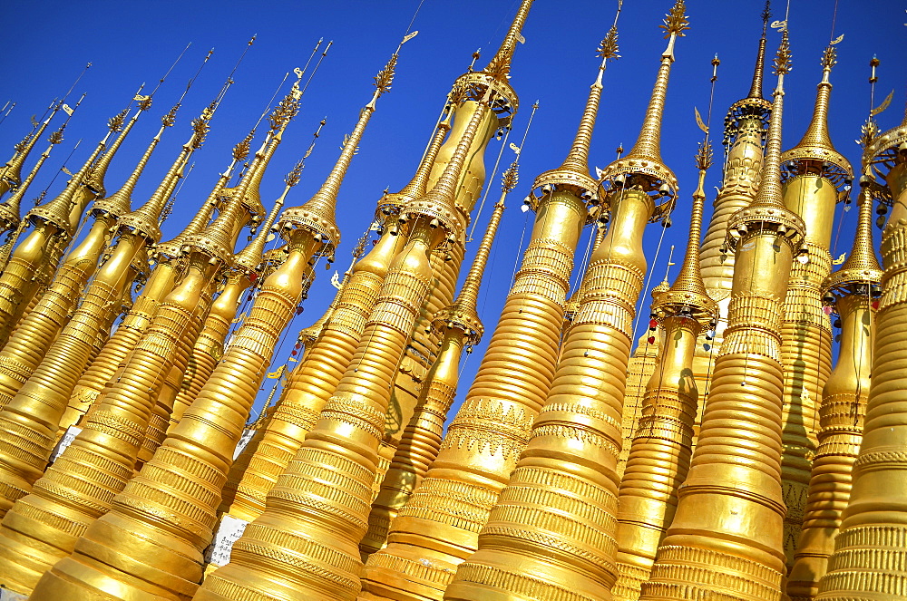 Golden stupas of Buddhist temple Shwe Inn Thein Paya, Lake Inle, Myanmar, Lake Inle, Myanmar