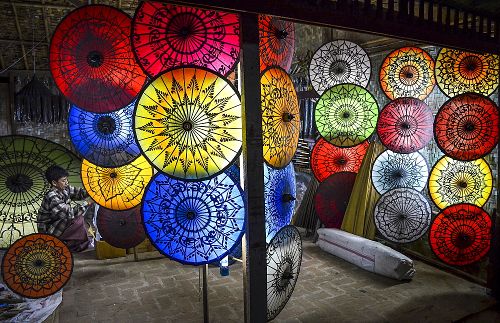 Brightly coloured traditional umbrellas in Bangar, Bagan, Myanmar