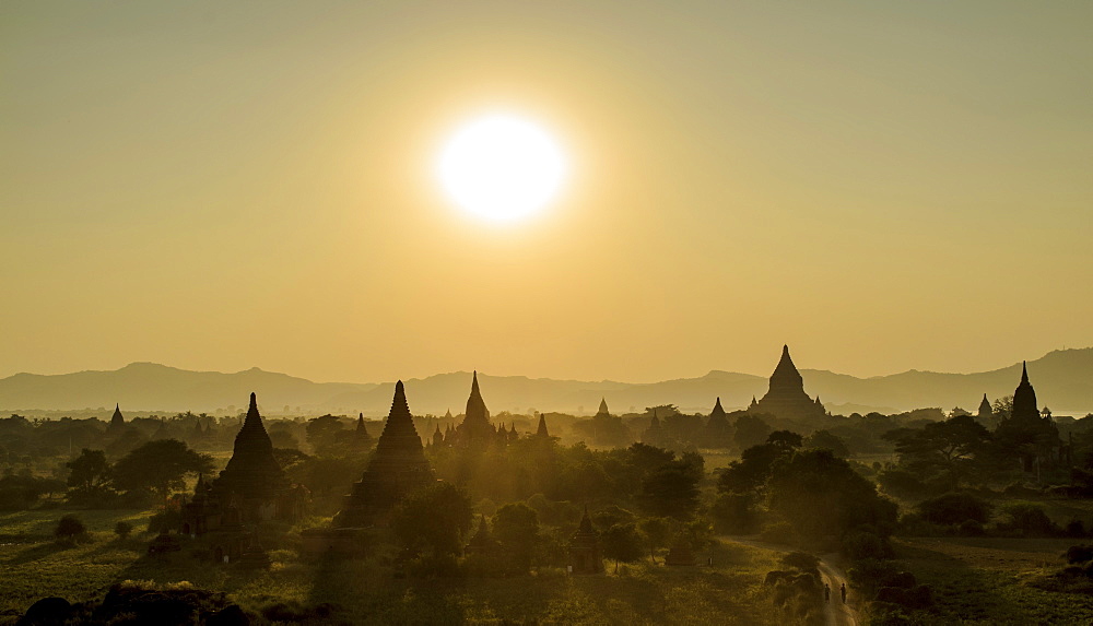 Sunset over stupas of temples in Bagan, Bagan, Myanmar