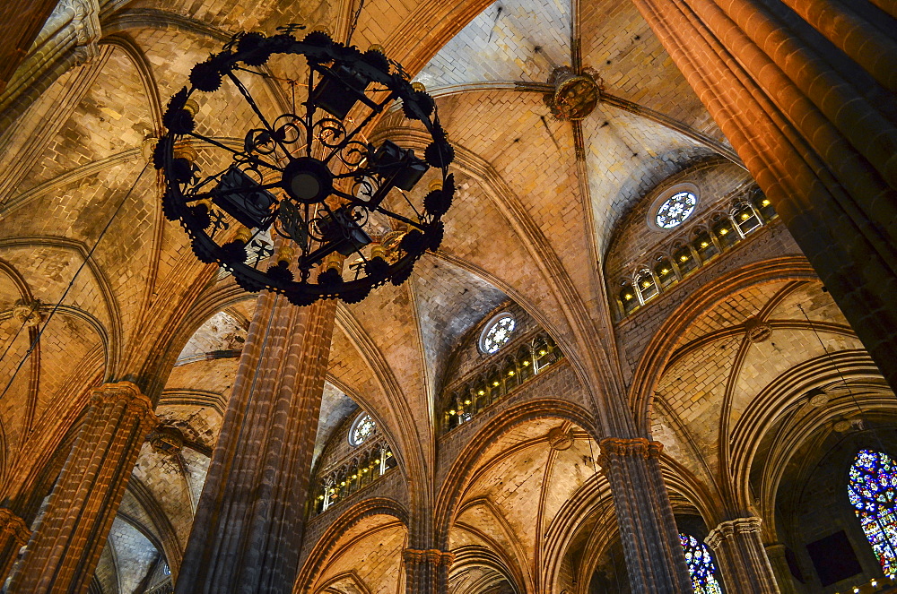 Low angle interior view of vaulting, Cathedral of the Holy Cross and Saint Eulalia, Barcelona, Catalonia, Spain