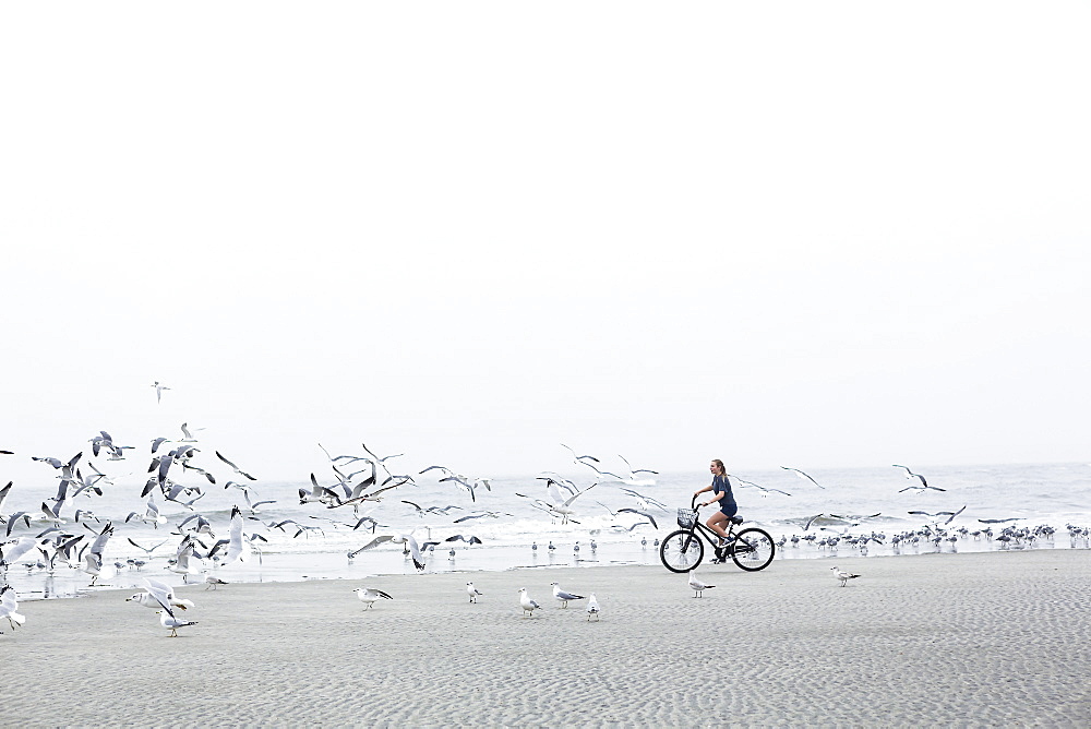 A teenage girl biking on a sandy beach by the ocean, St Simon's Island, Georgia, United States