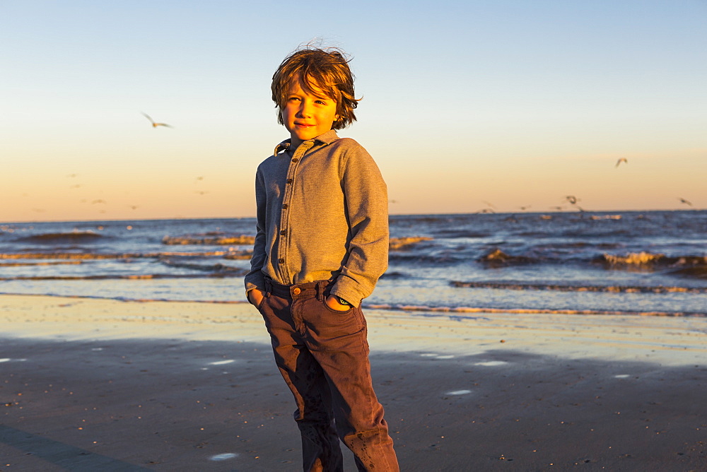 A young boy and a flock of seagulls on a beach, St Simon's Island, Georgia, United States