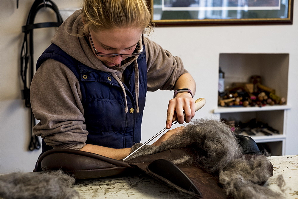 Female saddler standing in workshop, stuffing leather saddle with horse hair, Berkshire, United Kingdom