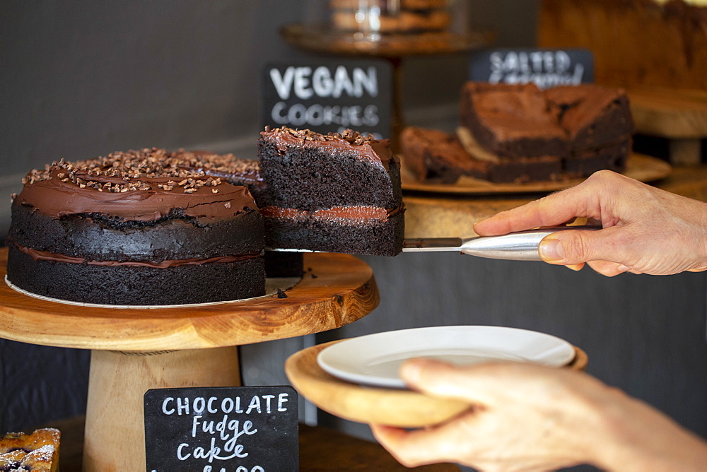 Close up of waitress putting slice of chocolate fudge cake on a plate door of a cafe