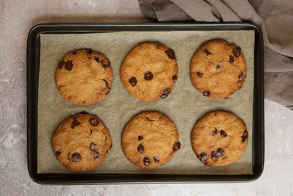 High angle close up of baking tray with freshly baked chocolate chip cookies