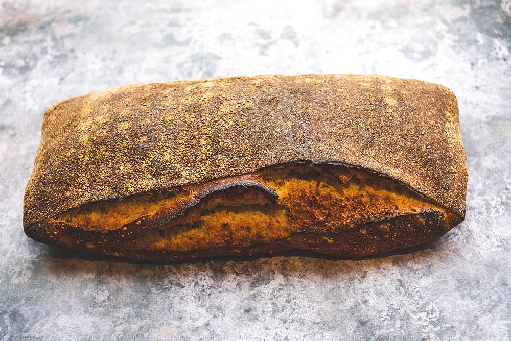 Artisan bakery making special sourdough bread, a baked loaf with firm dark crust