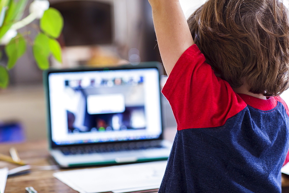 6 year old boy using laptop for remote schooling at home