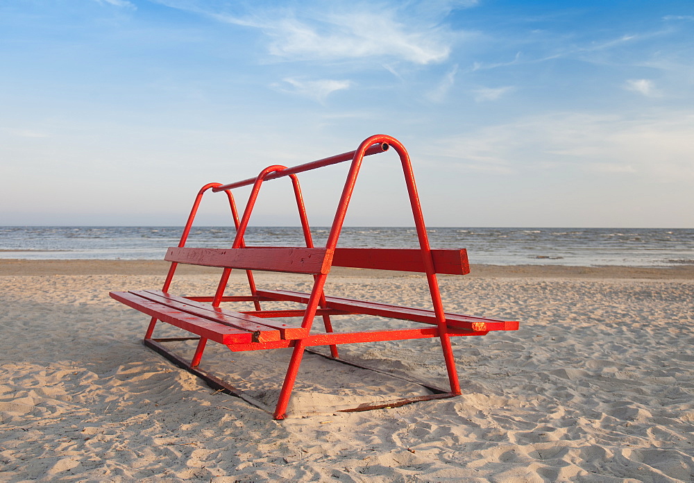 Red Park Bench on the Beach, Estonia