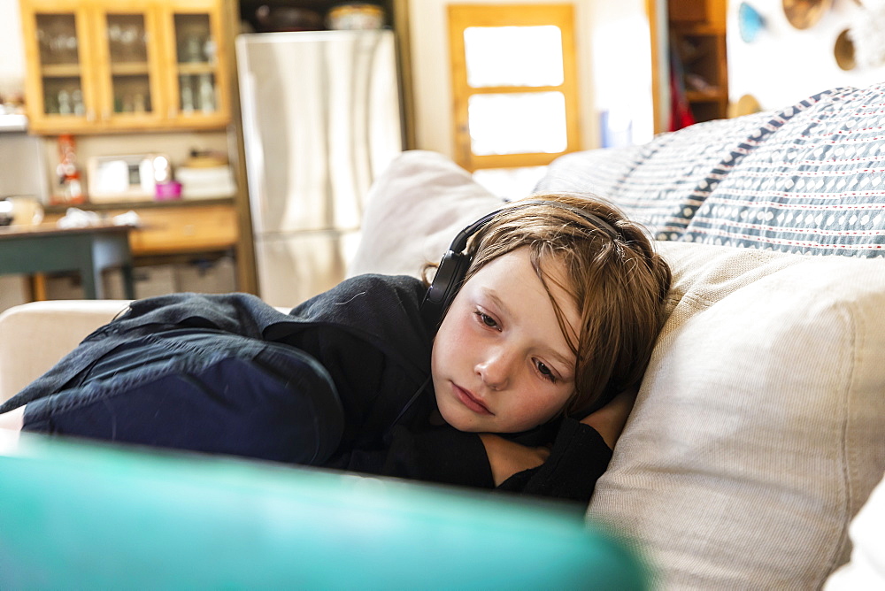 Young boy lying on sofa looking at laptop computer