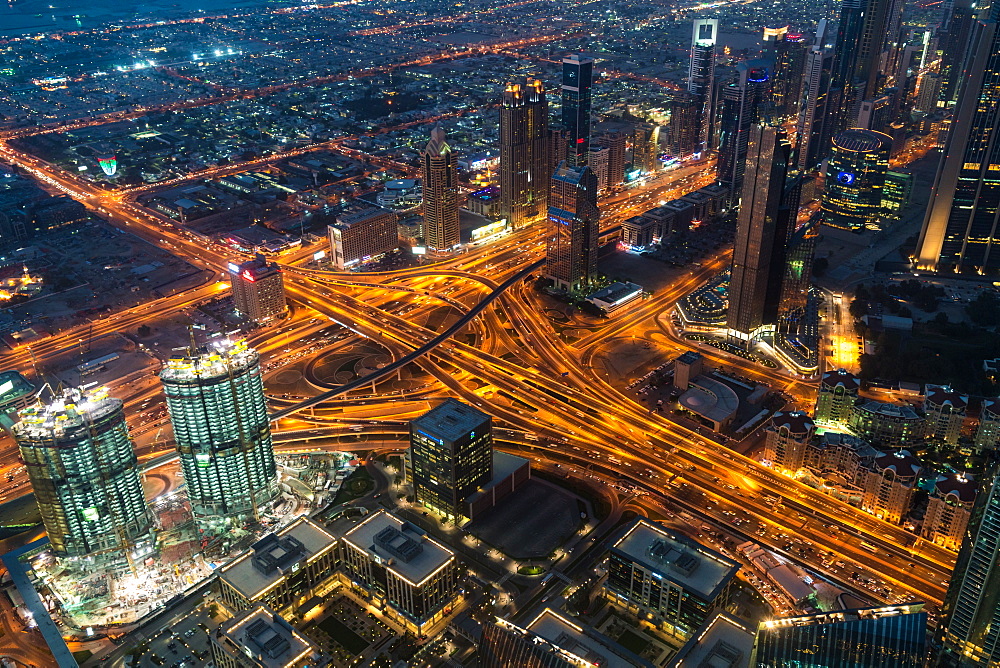 View from Burj Khalifa at dusk, Dubai, United Arab Emirates, UAE