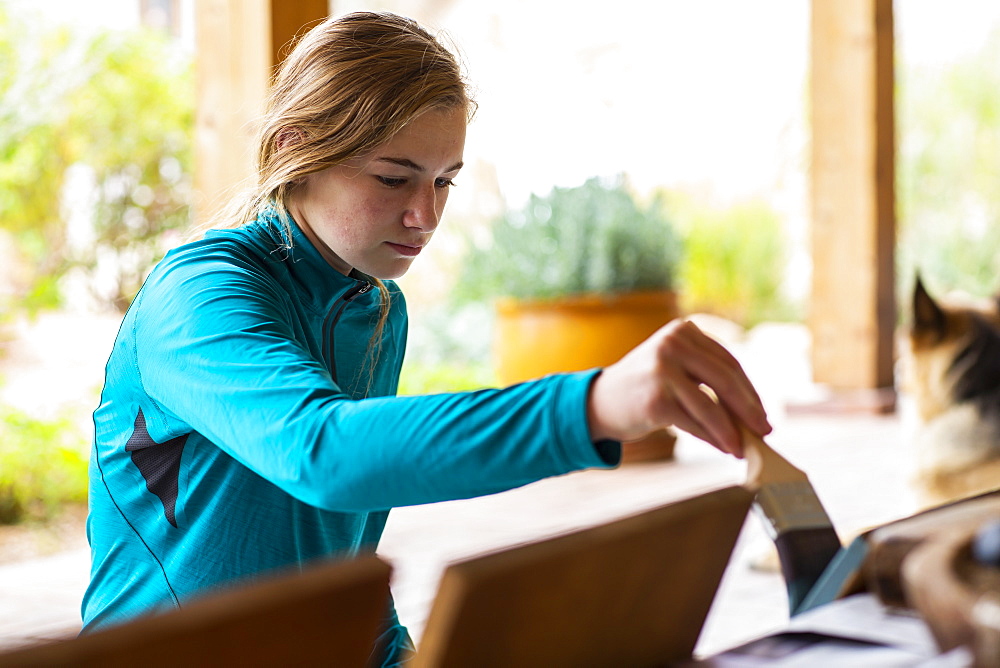 Teenage girl painting wooden shelves blue