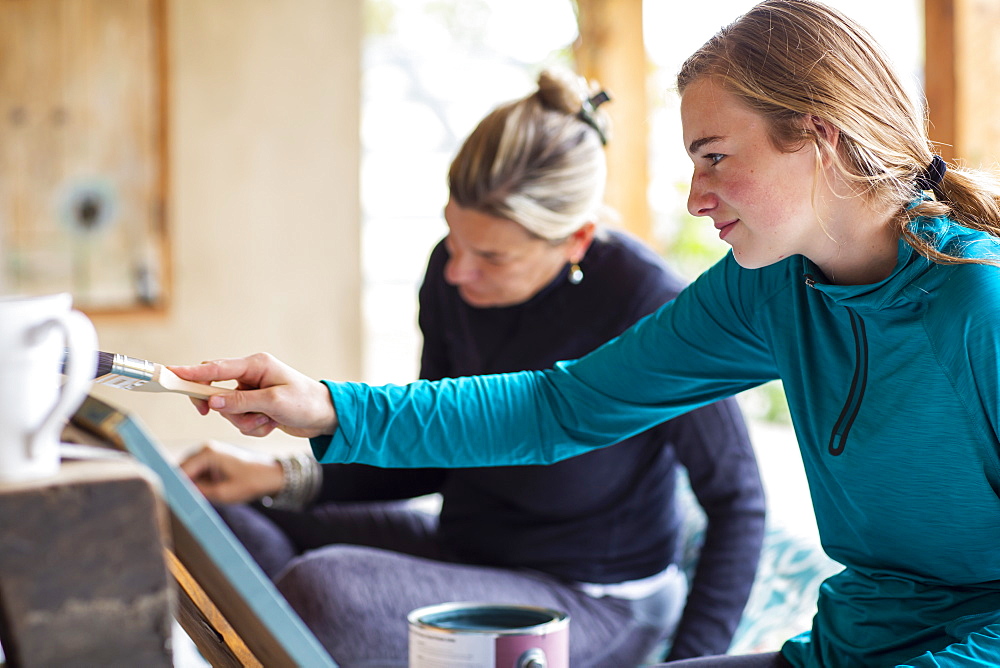 Teenage girl and her mother painting wooden shelves blue on a terrace